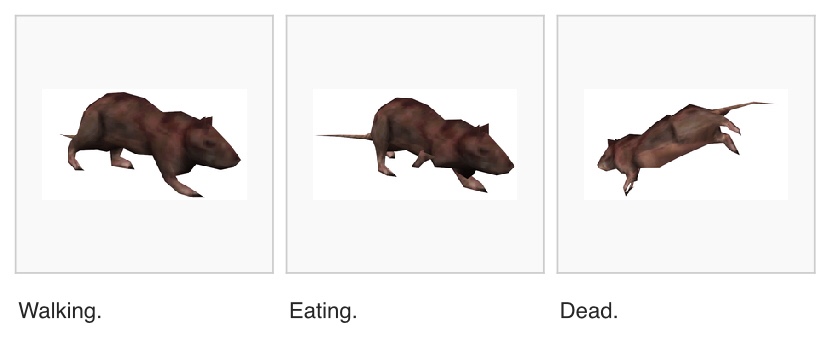 A screenshot of a wiki article. A low-poly rat model is shown in three states: "Walking.", "Eating.", "Dead."