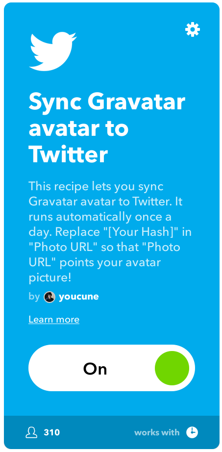 An IFTTT recipe titled "Sync Gravatar avatar to Twitter". A large green switch shows that it is turned on.