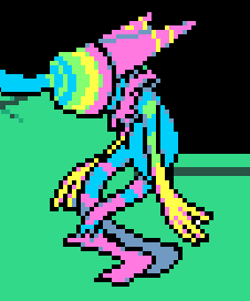 A "Werewire" from the game Deltarune. It has long, dangly arms, and its face is covered by a plug.